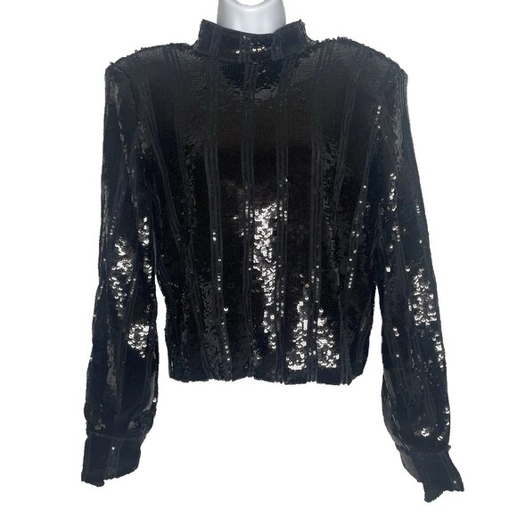 Express Tops - Express Black Sequin Statement Blouse Top Size S Mock Neck Padded Shoulders